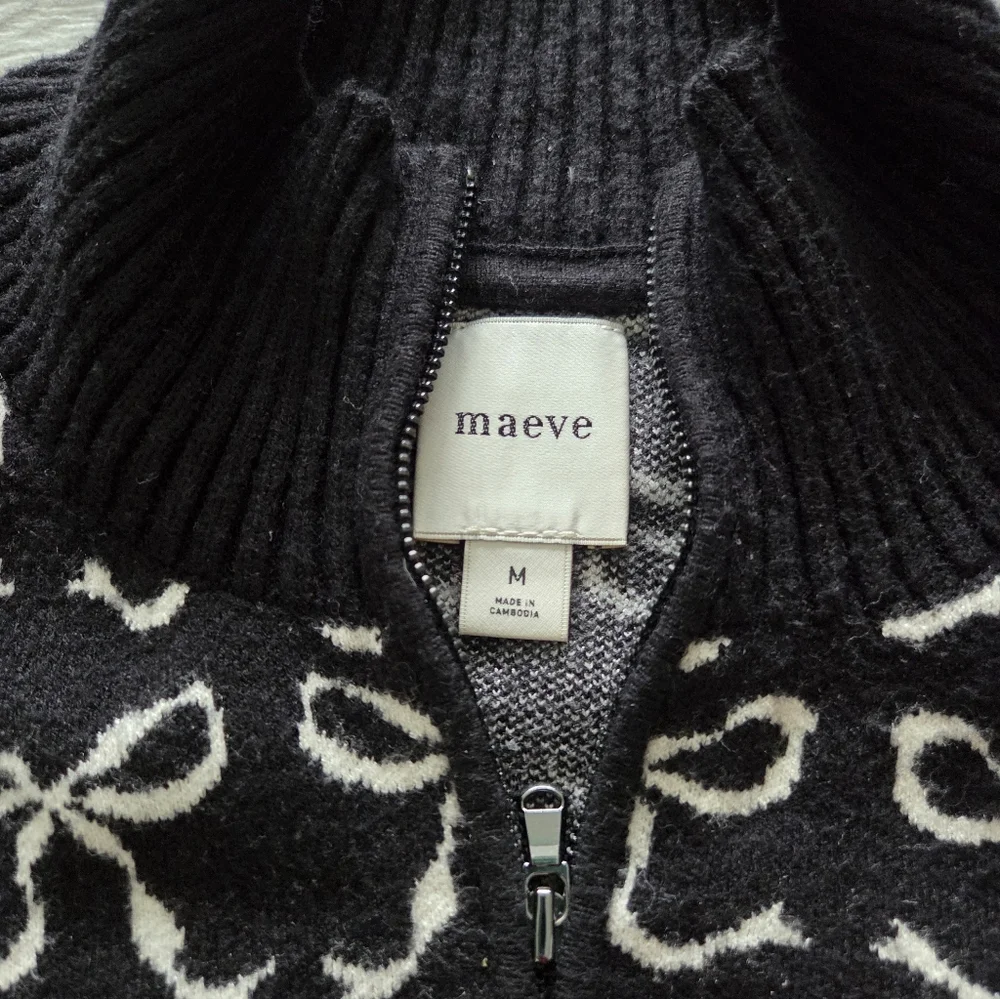Maeve Anthropologie The Montana Mock-Neck‎ Half-Zip Sweater Black Bow Print Sz M
